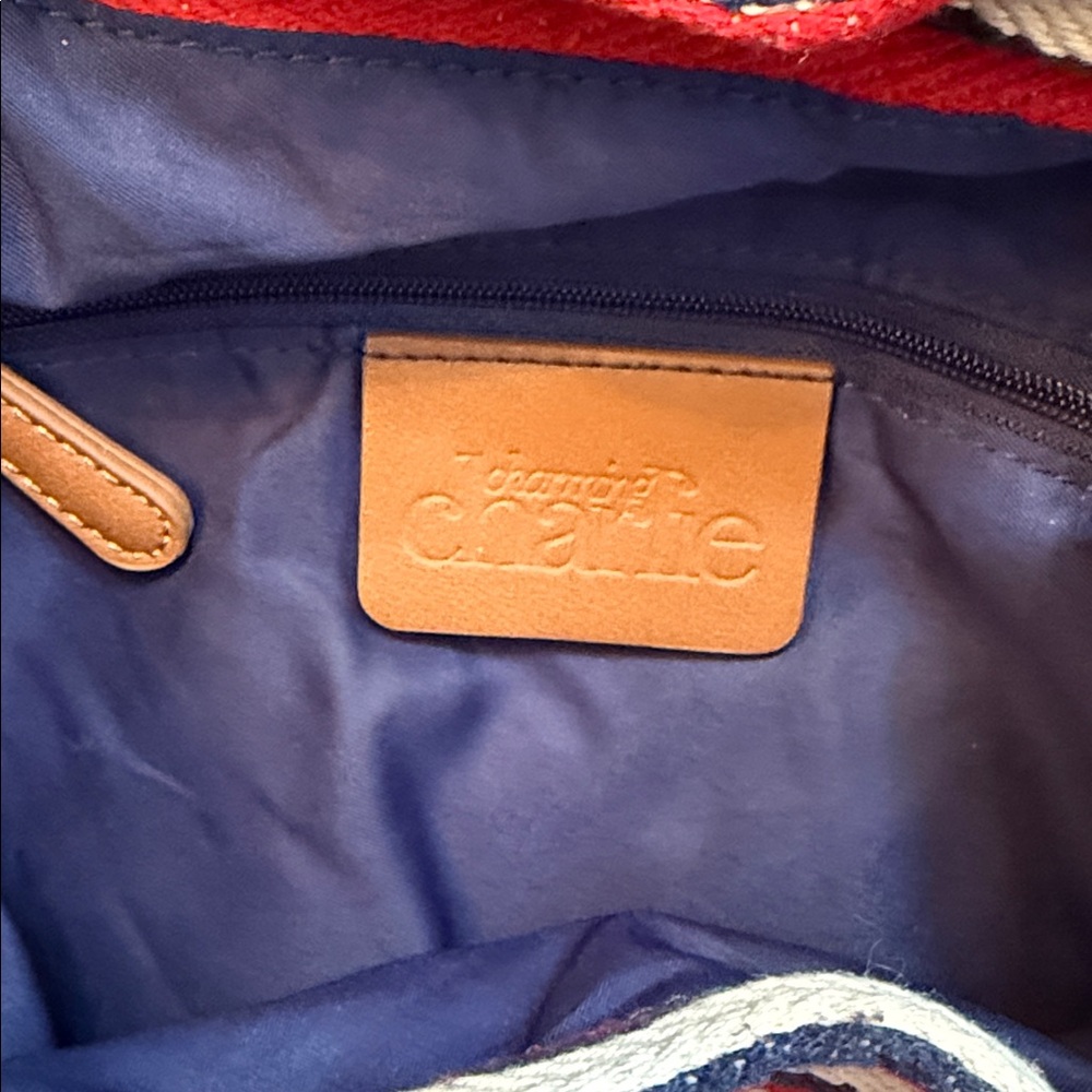 Charming Charlie Cream, Red &Blue Striped Canvas & Brown Faux Leather Backpack - Picture 3 of 8